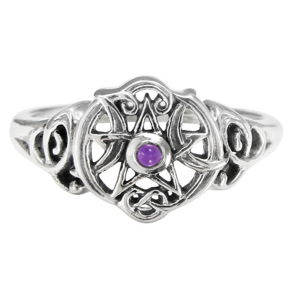 Sterling Silver Heart Pentacle Ring with Amethyst