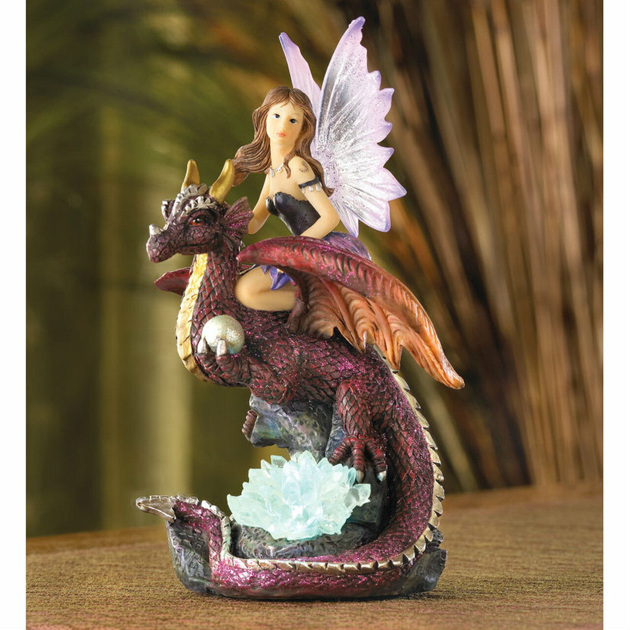 Fairy Riding a Dragon with Color Changing Crystals Figurine